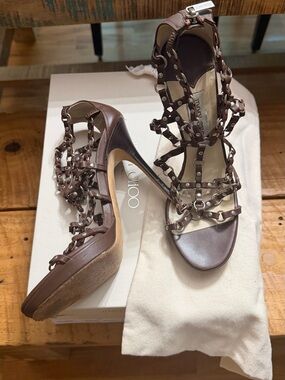 Saks Fifth Avenue Brown Leather Chain-Strap Gladiator Heels